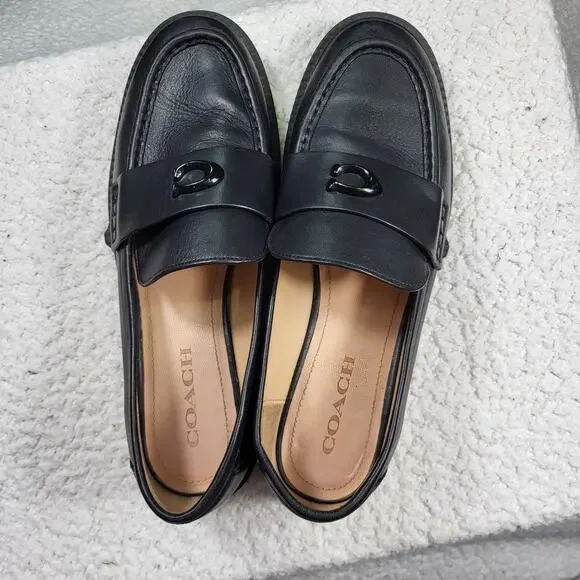 COACH black leather Leah loafers  lug sole and a C logo accent womens size 10 - Picture 2 of 7